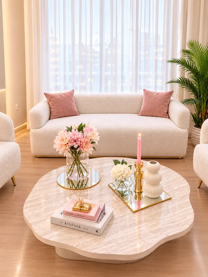 Salon de détente avec canapé blanc et table en travertin