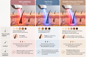 Tableau comparatif alexandrite, Nd:YAG et double longueur d'onde dans le choix entre laser et lumière pulsée