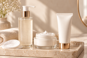 Hormones et peau : nettoyant doux, crème hydratante et écran solaire sur une tablette